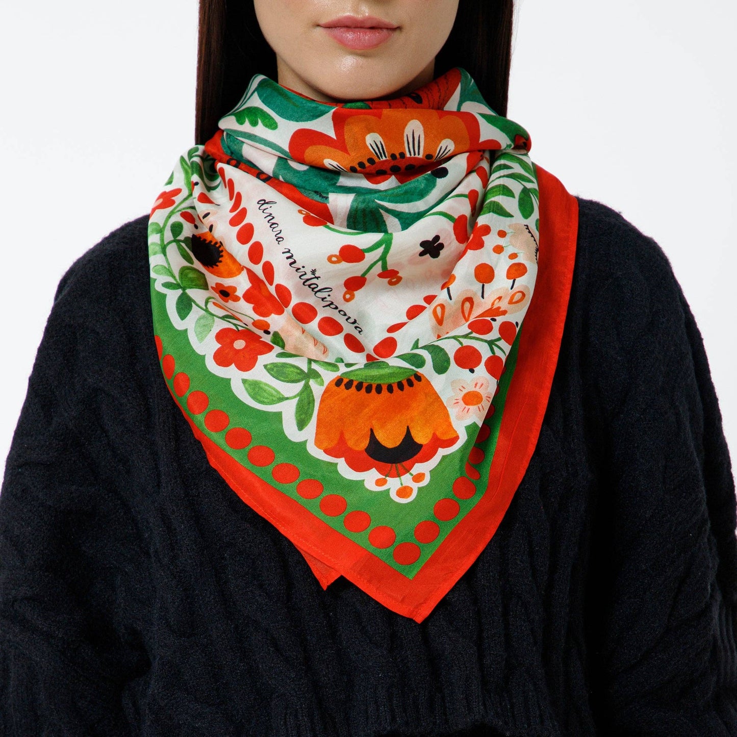 Dinara Mirtalipova Sunshine Bouquet Silk Scarf: Kellygreen Orange