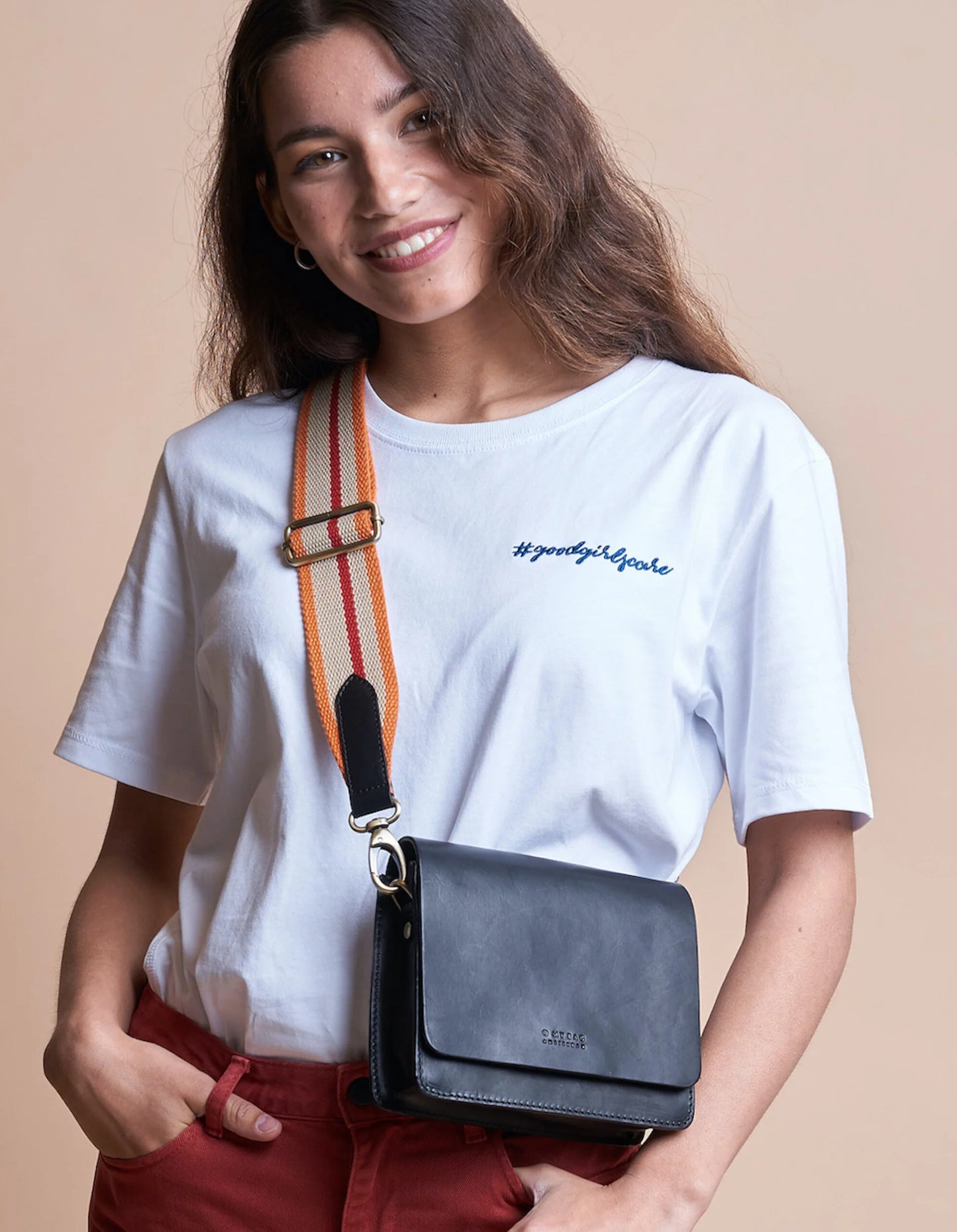 Striped Webbing Strap with Black Leather