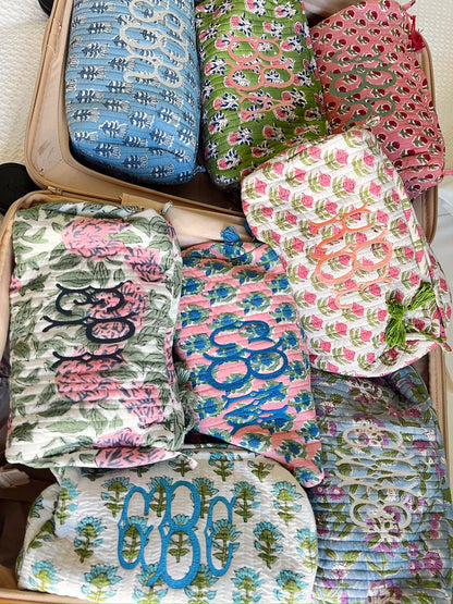 Quilted Block-Print Makeup Bag: Hibiscus Grove