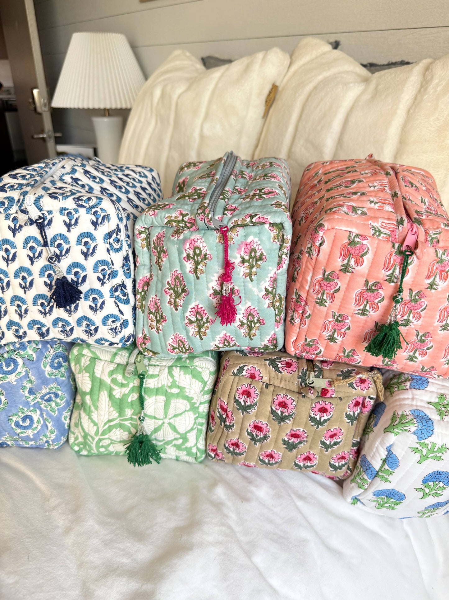 Quilted Block-Print Makeup Bag: Watercolor Wildflowers