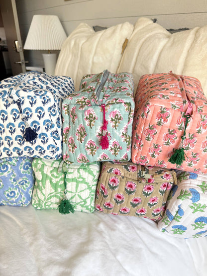 Quilted Block-Print Makeup Bag: Green Gardenia