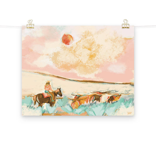 Cowgirl Sagebrush Cattle Drive, Longhorn Cattle, Ranching Art Print