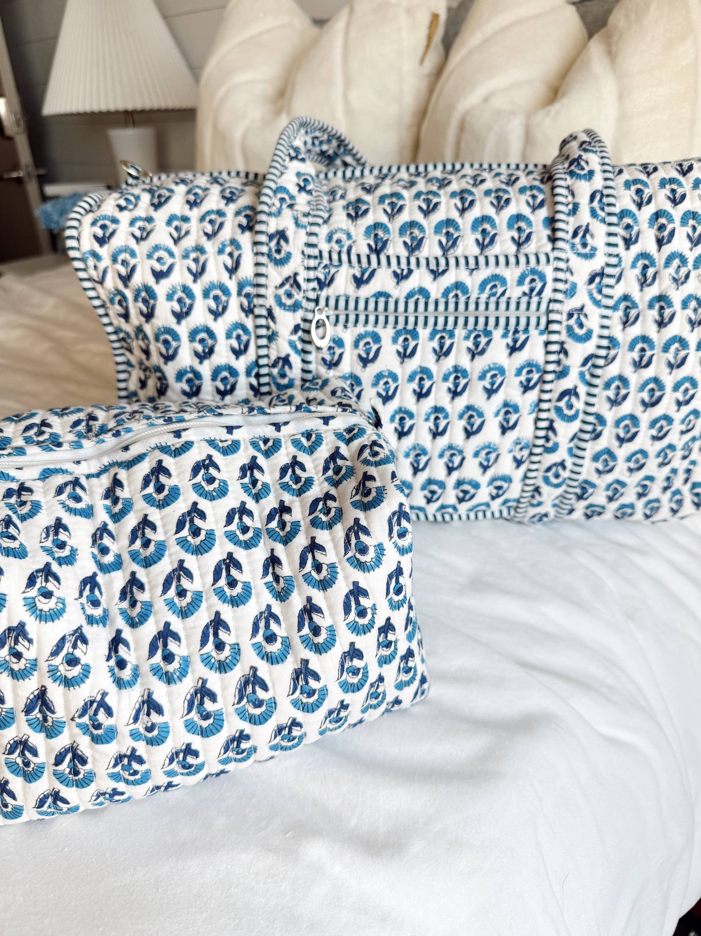 Quilted Block-Print Makeup Bag: Hibiscus Grove