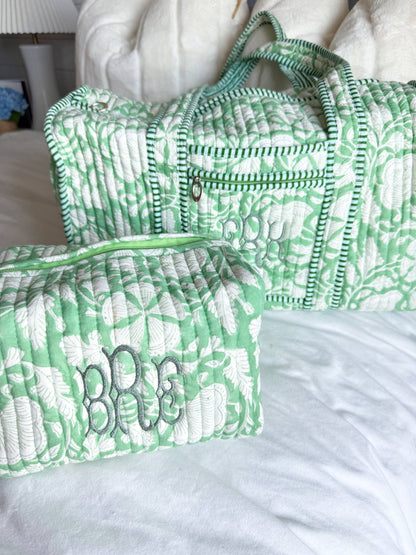 Quilted Block-Print Makeup Bag: Green Gardenia