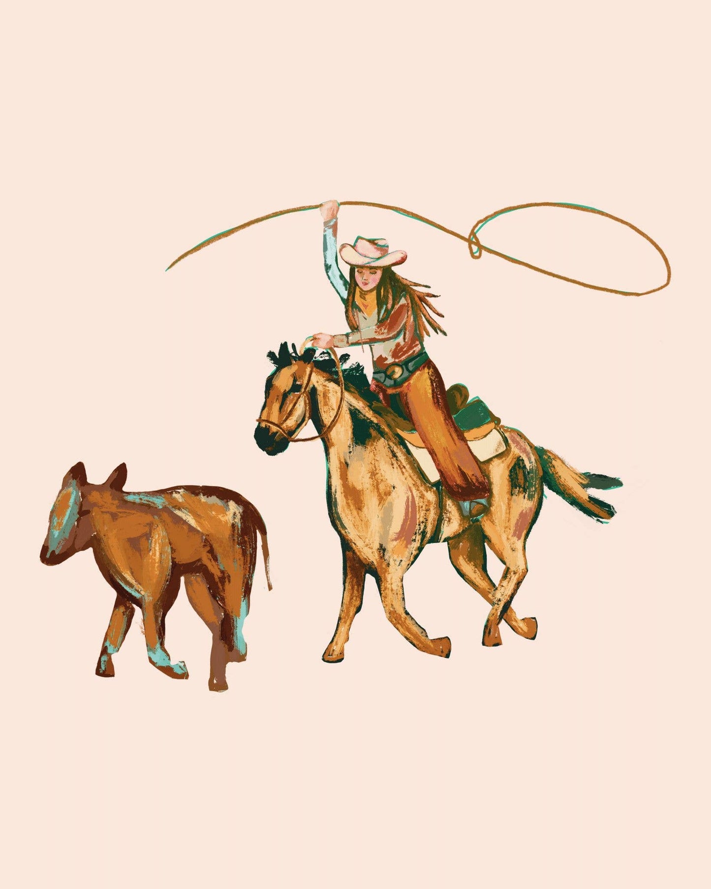 Rodeo Cowgirl with Calf Western Art Print: 5x7