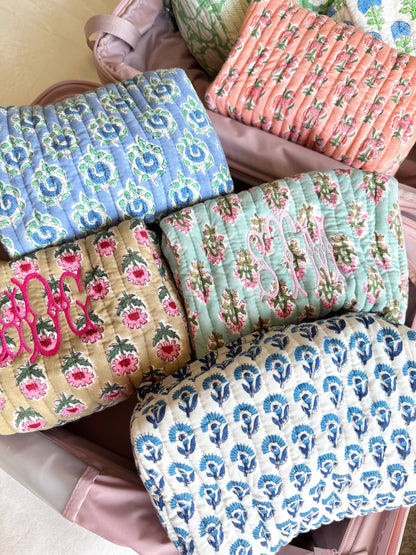 Quilted Block-Print Makeup Bag: Green Gardenia