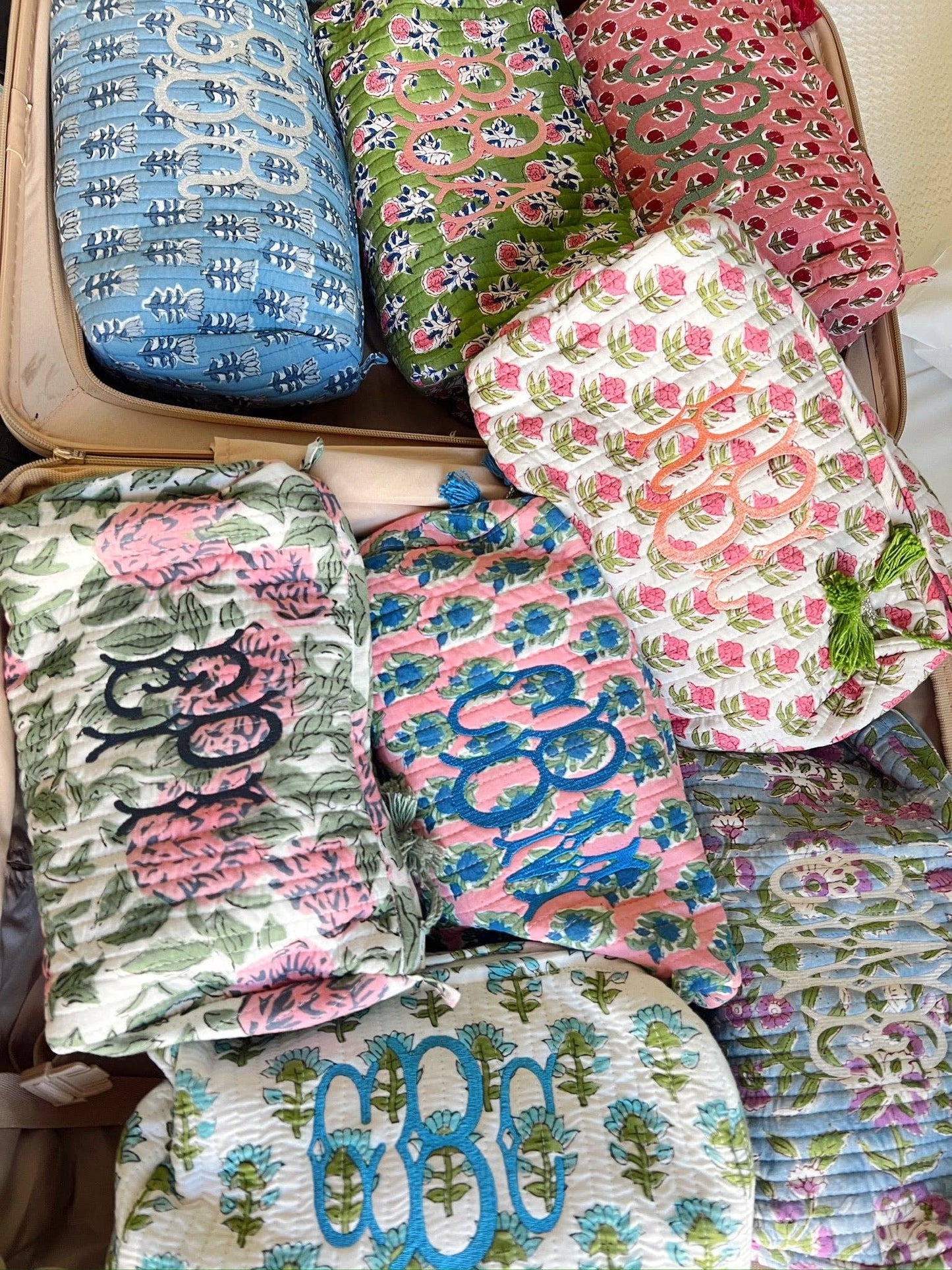 Quilted Block-Print Makeup Bag: Watercolor Wildflowers