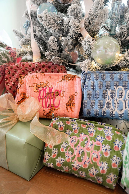 Quilted Block-Print Makeup Bag: Green Gardenia