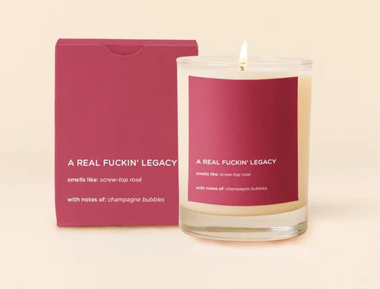 Real Fucking Legacy Rocks Glass Candle-smells like: screw-top chardonnay