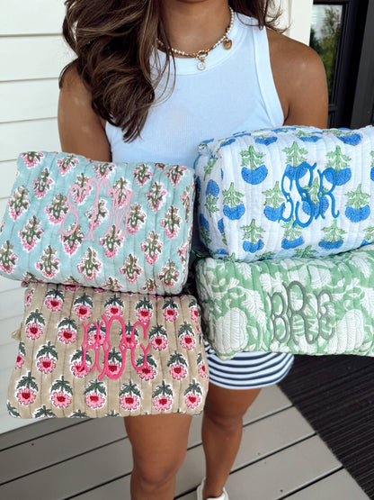 Quilted Block-Print Makeup Bag: Watercolor Wildflowers