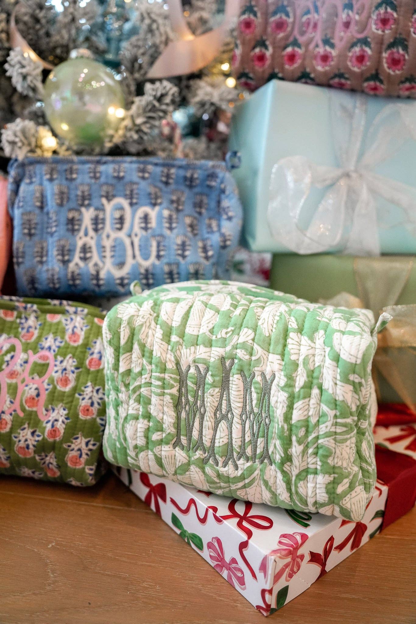 Quilted Block-Print Makeup Bag: Hibiscus Grove