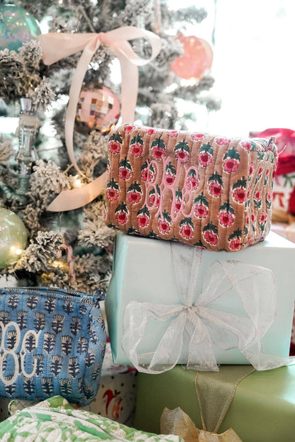 Quilted Block-Print Makeup Bag: Hibiscus Grove