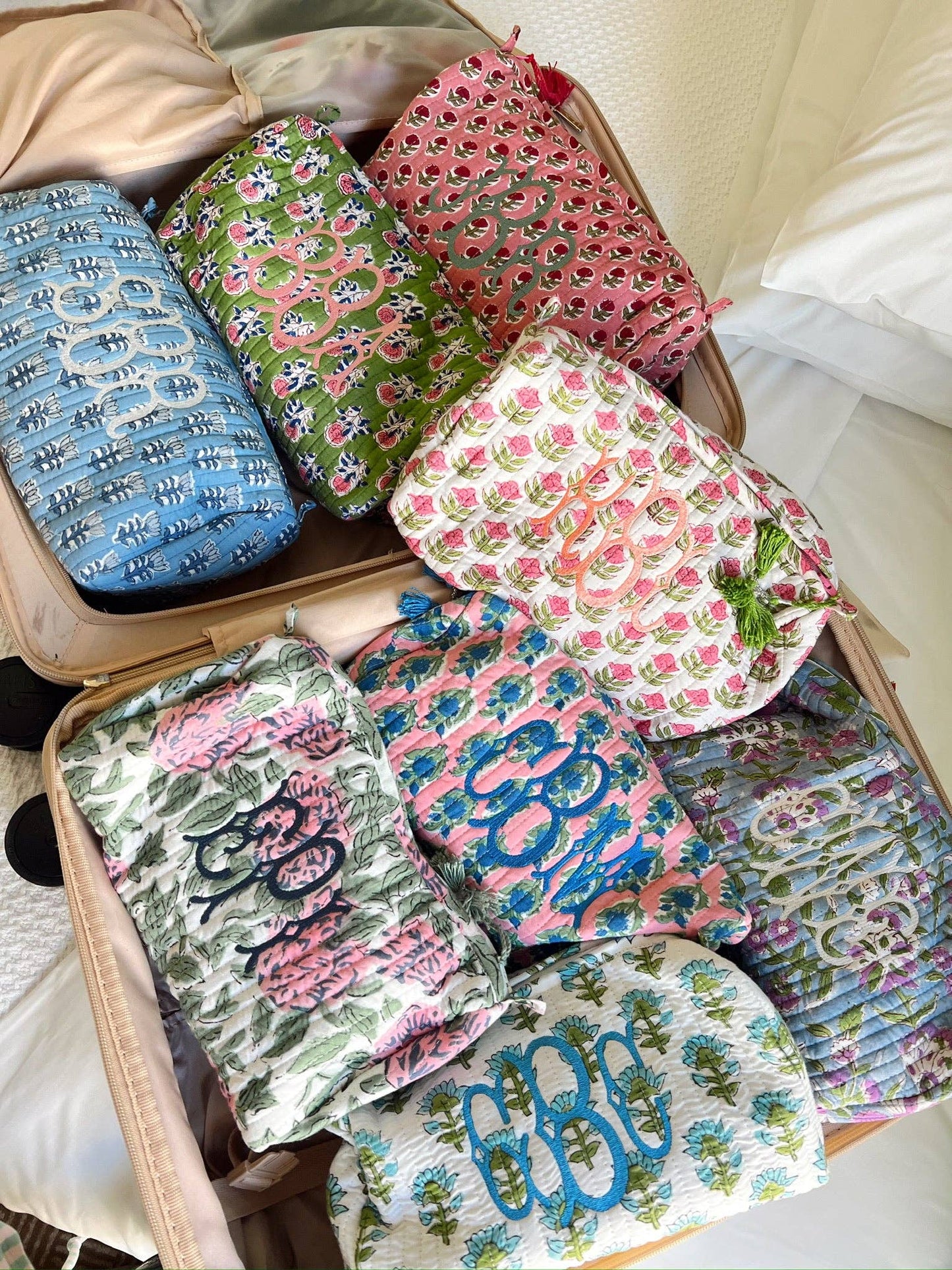 Quilted Block-Print Makeup Bag: Watercolor Wildflowers