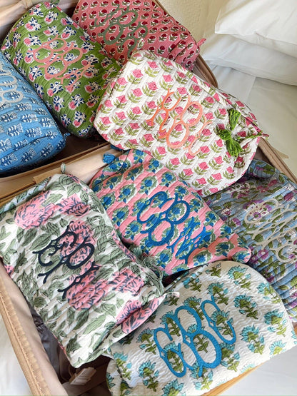 Quilted Block-Print Makeup Bag: Green Gardenia