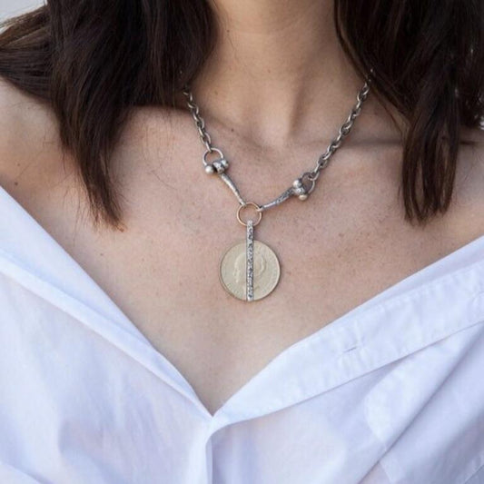 Crystal Bar & Vintage Coin Horse Bit Necklace