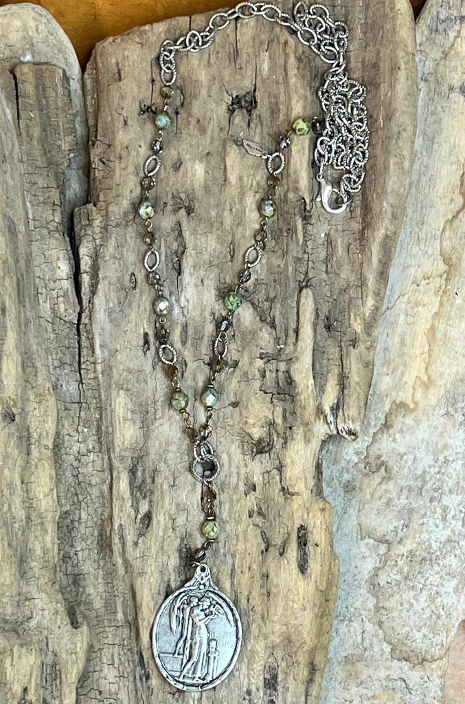 Vintage WWI Peace Angel Necklace w/Czech Glass Beads 36 in