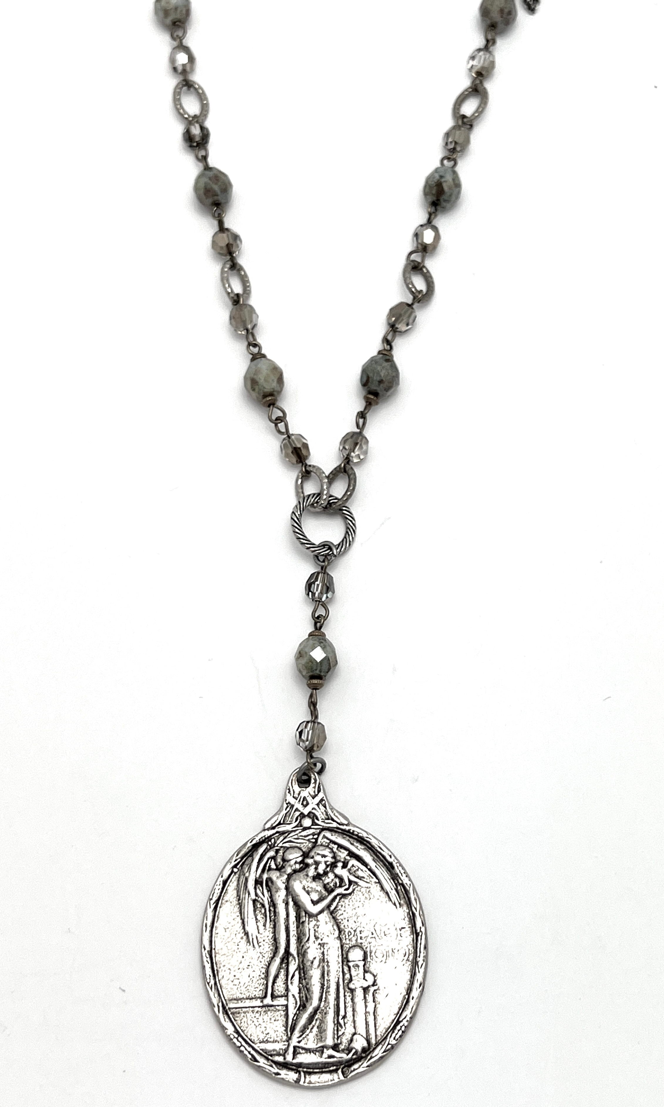 Vintage WWI Peace Angel Necklace w/Czech Glass Beads 36 in